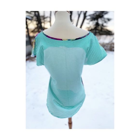 Seven7 Top Tee Shirt Floral Stripe Chiffon Jersey Knit High Low Sheer Knot Sz M - Picture 4 of 11